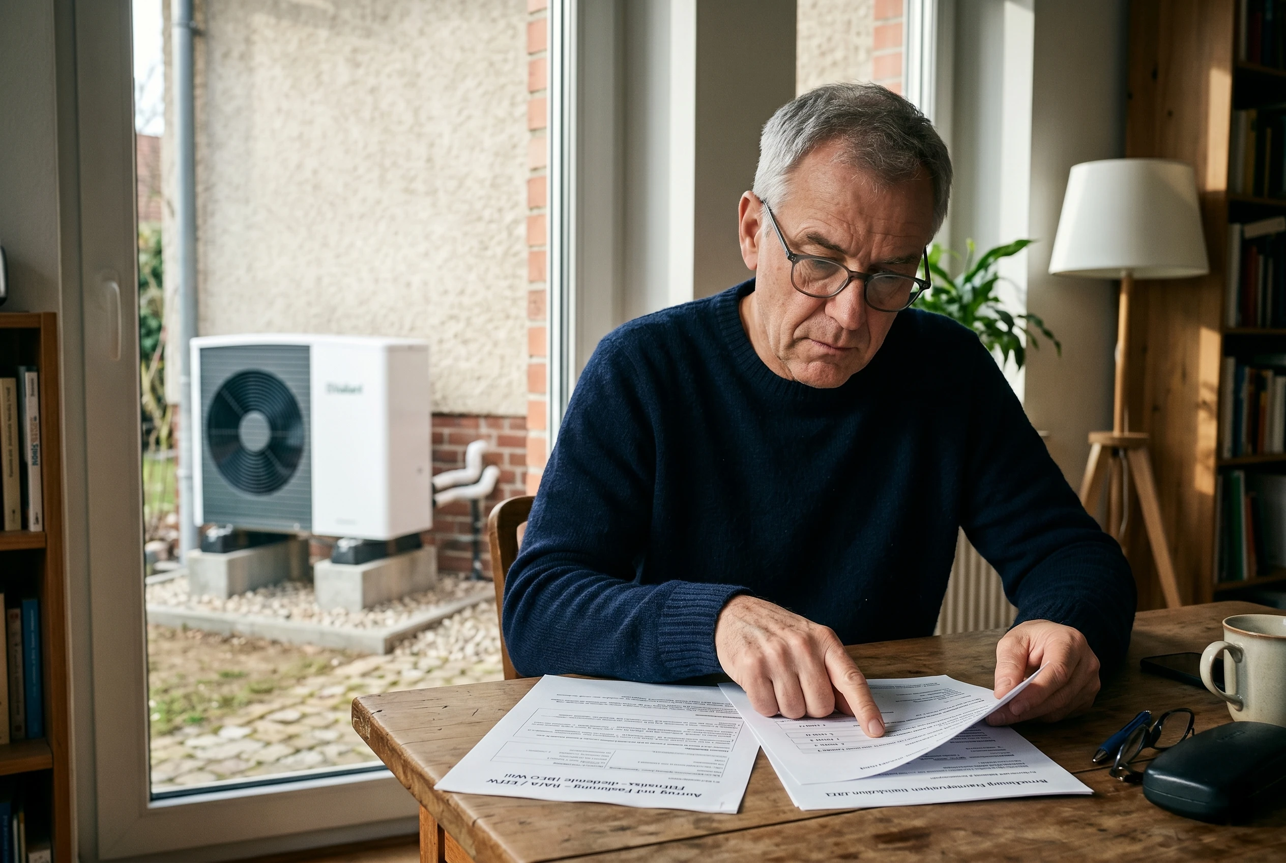 Hausbesitzer vergleicht Förderoptionen für eine neue Wärmepumpe.