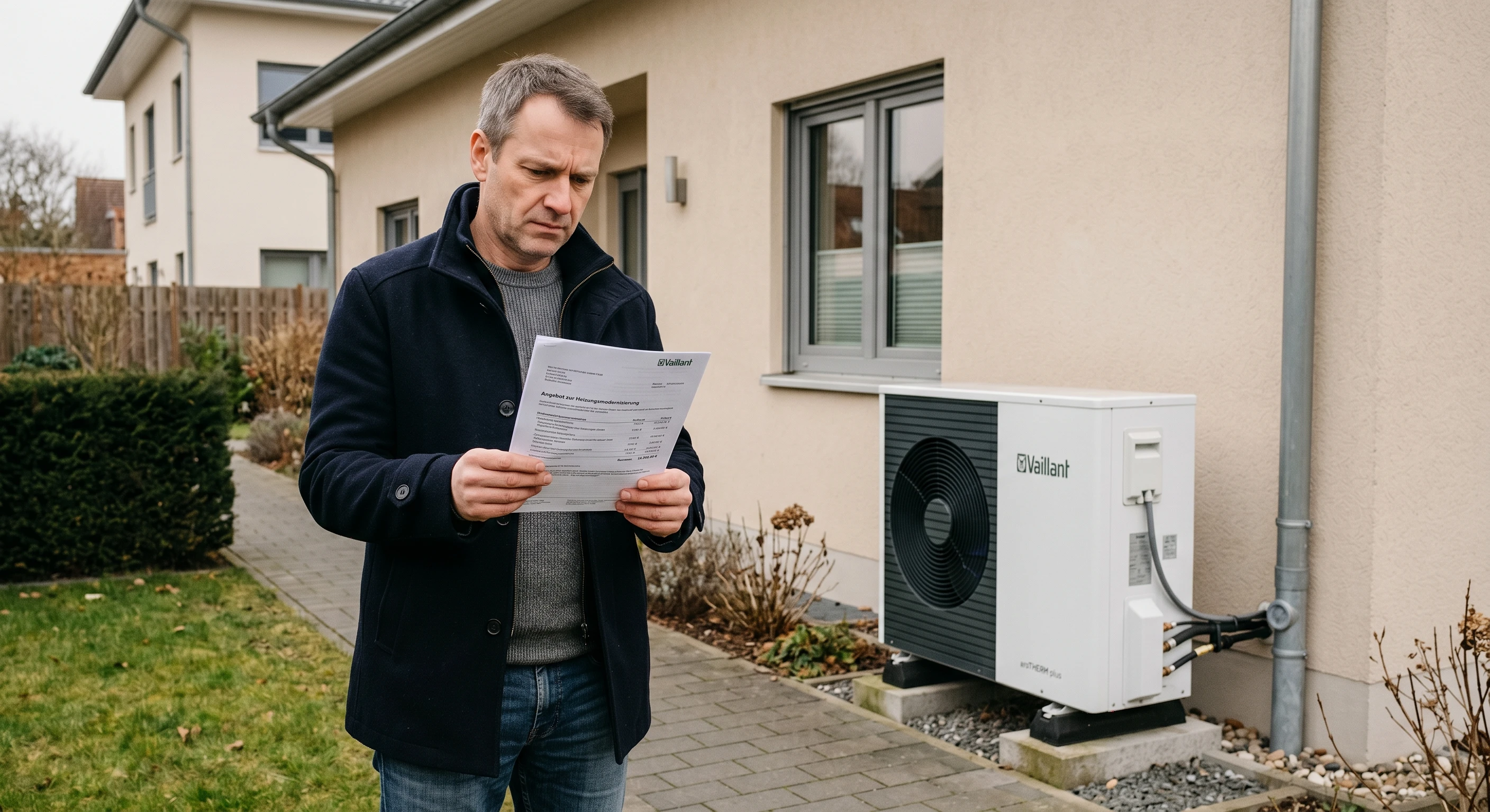 Hausbesitzer prüft skeptisch ein Wärmepumpen-Angebot vor seinem Einfamilienhaus mit installierter Außeneinheit.